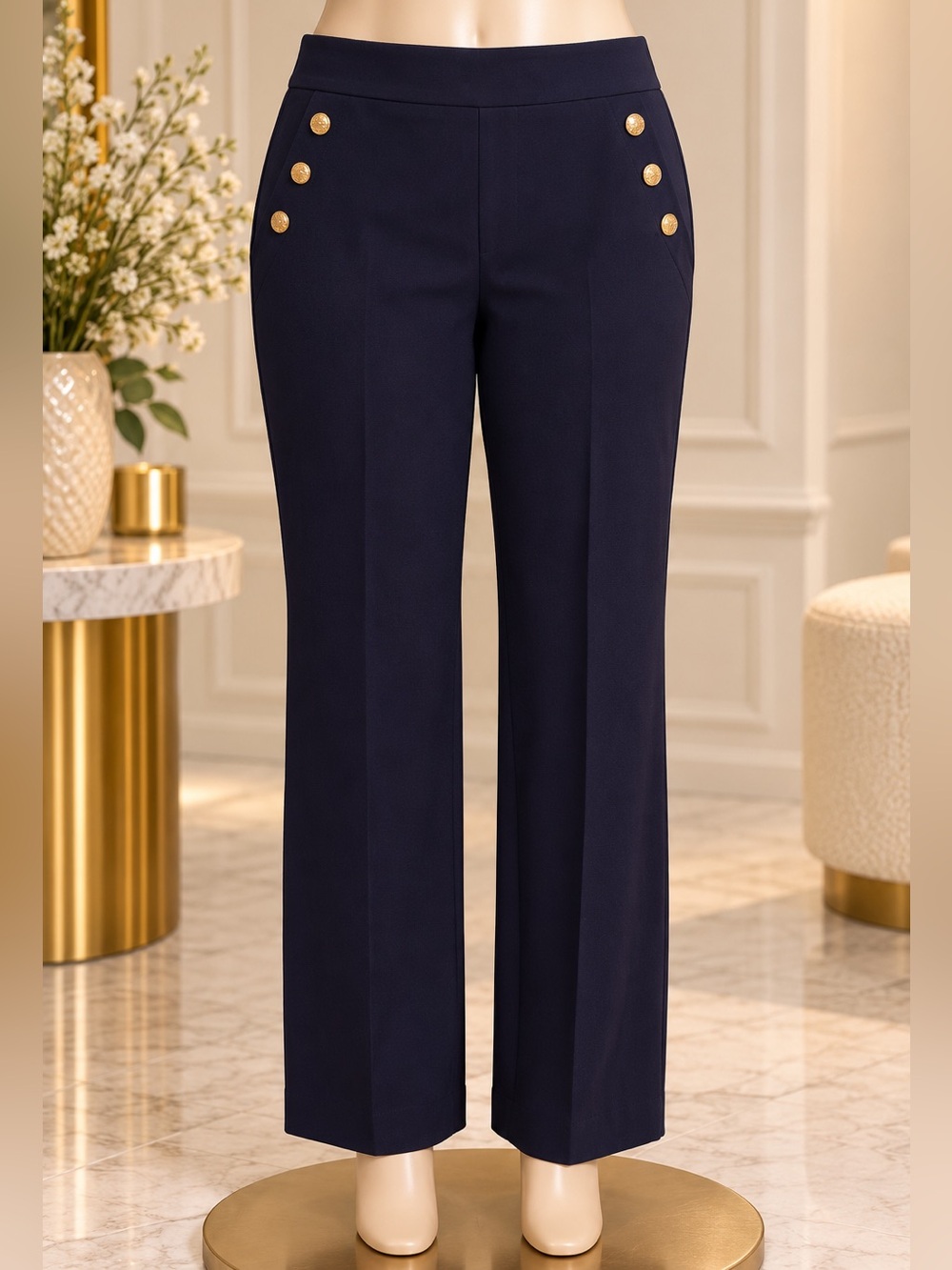 Counterparts Navy Blue Straight-Leg Pants with Gold Button Accents